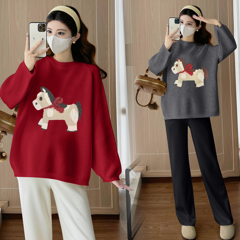 孕妇装2025新款毛衣可爱卡通马年针织上衣冬季慵懒风针织打底衫女