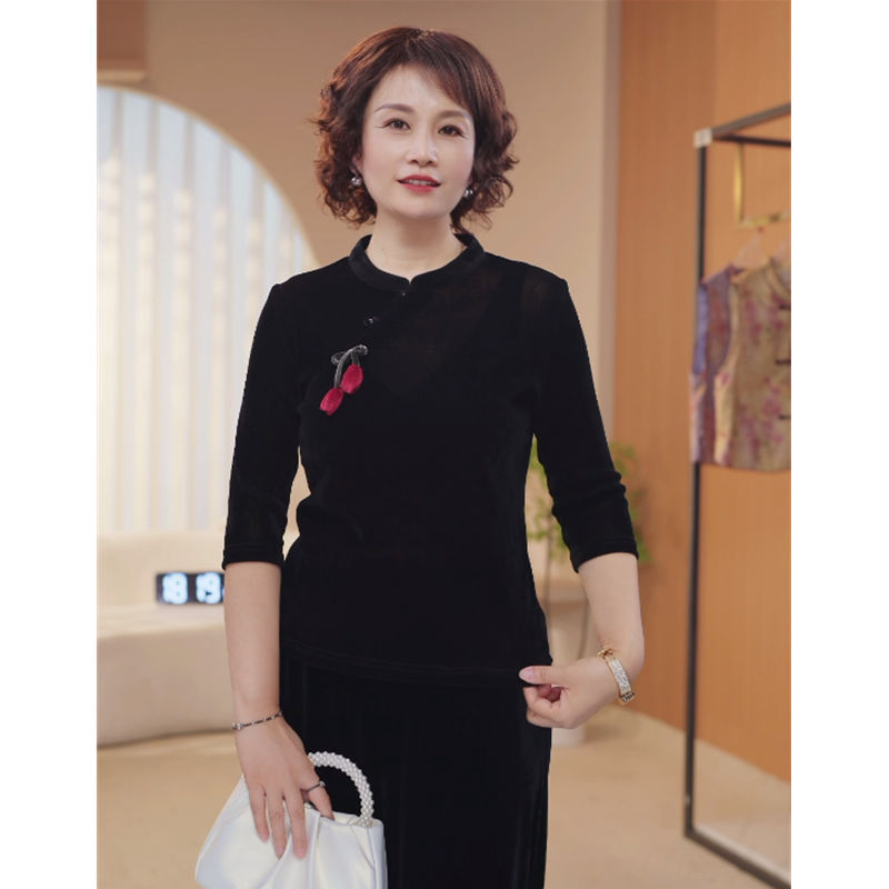 妈妈装秋装国风盘扣上衣小衫中老年秋季长袖显瘦中式打底衬衫8425