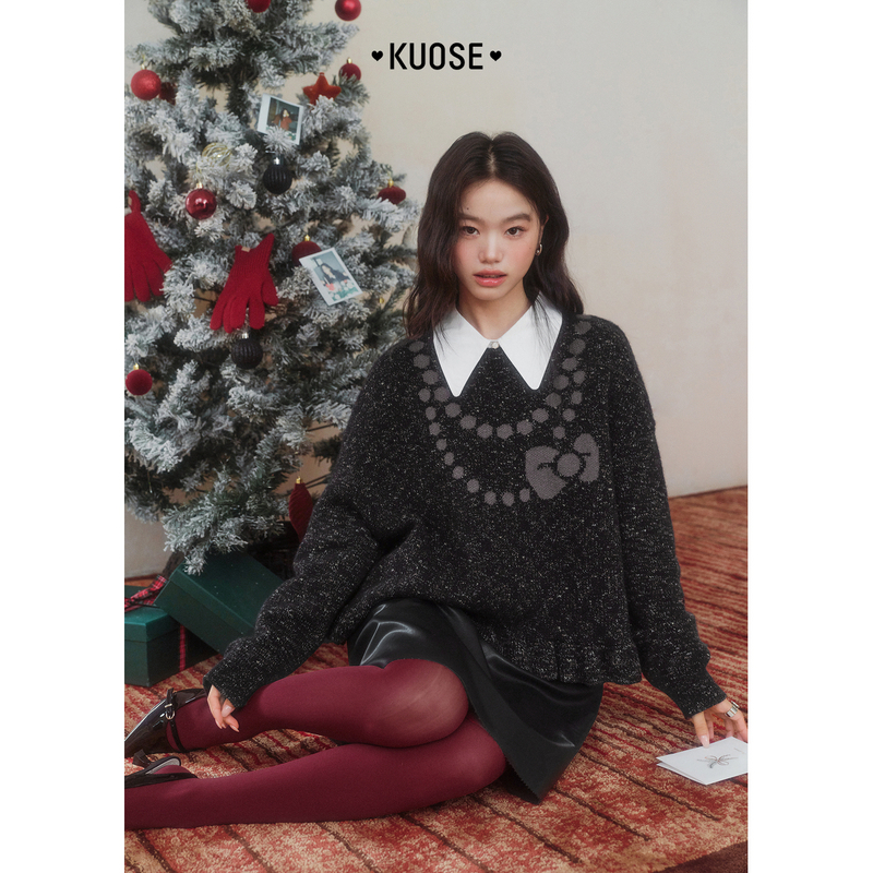 阔色蝴蝶结项链上衣女25秋冬新黑色花纱亮闪荷叶边毛衣KSH2511031