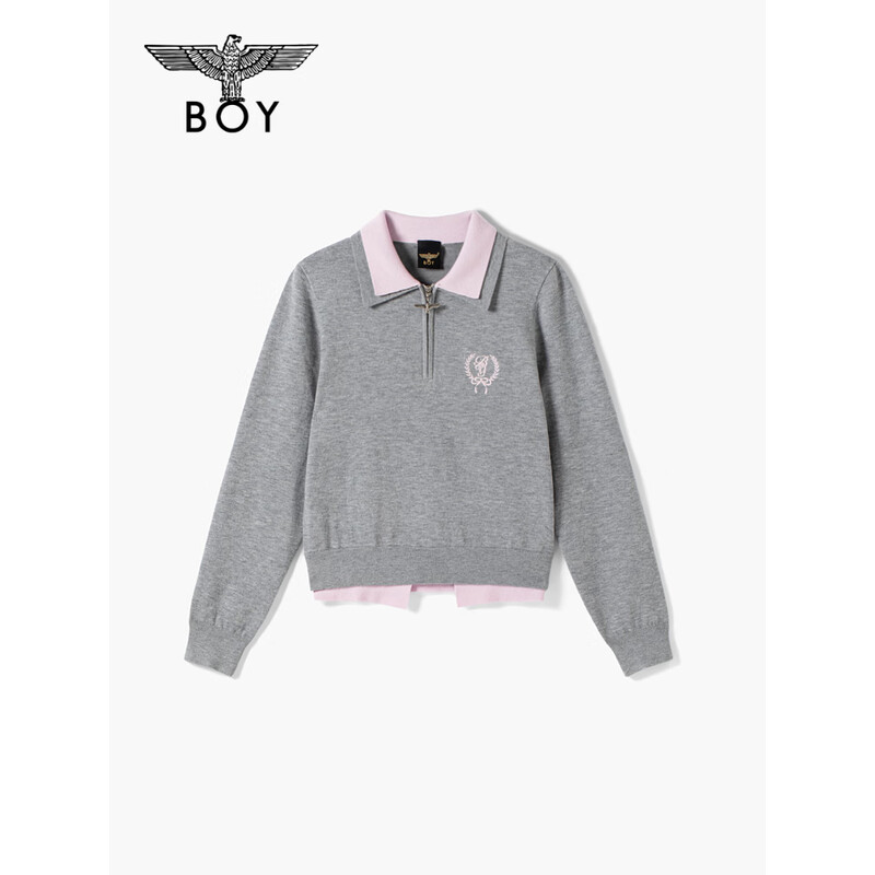 BOY LONDON学院风粉灰撞色假两件女毛衣新款POLO领针织衫W60912