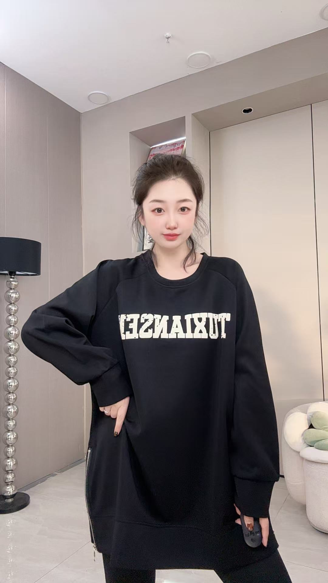 显瘦中长款卫衣圆领重工拉链潮流宽松女装秋季新款字母款