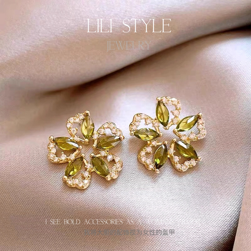 铜合金耳饰 复古绿色耳饰高端耳钉精致气质镂空花瓣花朵耳环K303