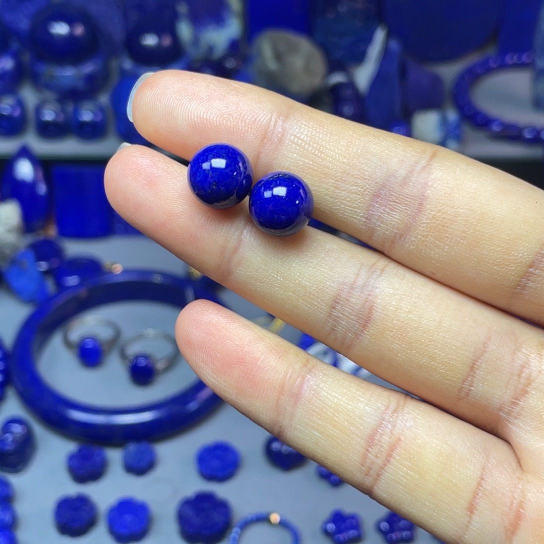 青金石银S925镶嵌9mm耳饰