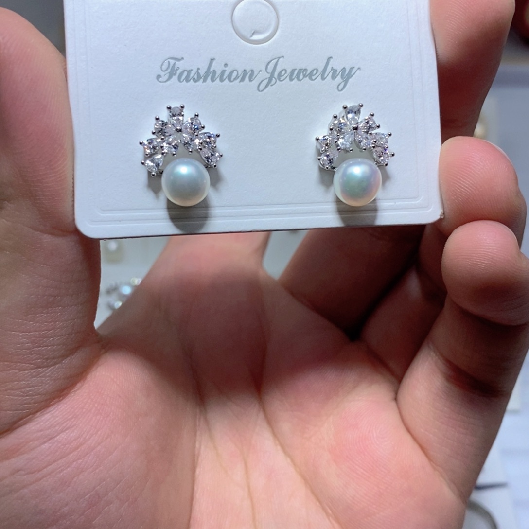 耳饰银S925镶嵌淡水珍珠