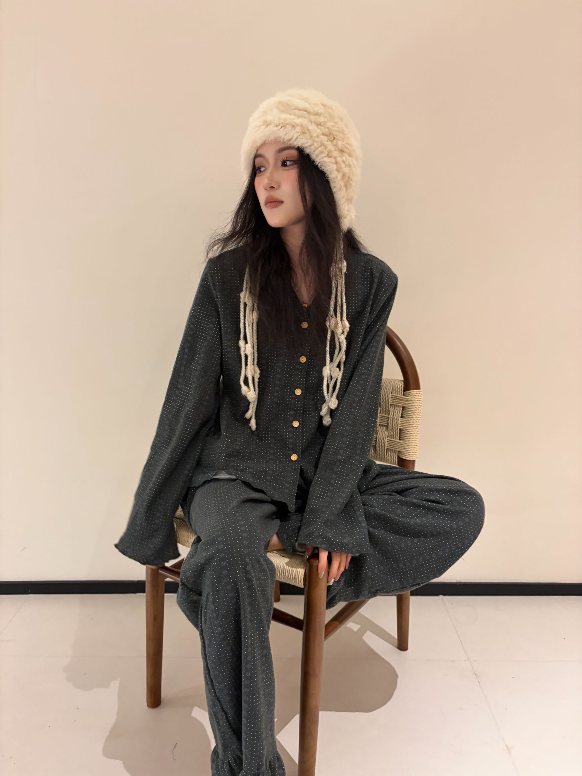 VINEEMAN【雾屿波点】新款长袖睡衣家居服套装加厚家居服休闲小香风