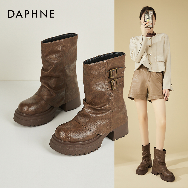 Daphne/达芙妮2025年爆款裤管靴女厚底粗跟短靴百搭机车靴西部靴