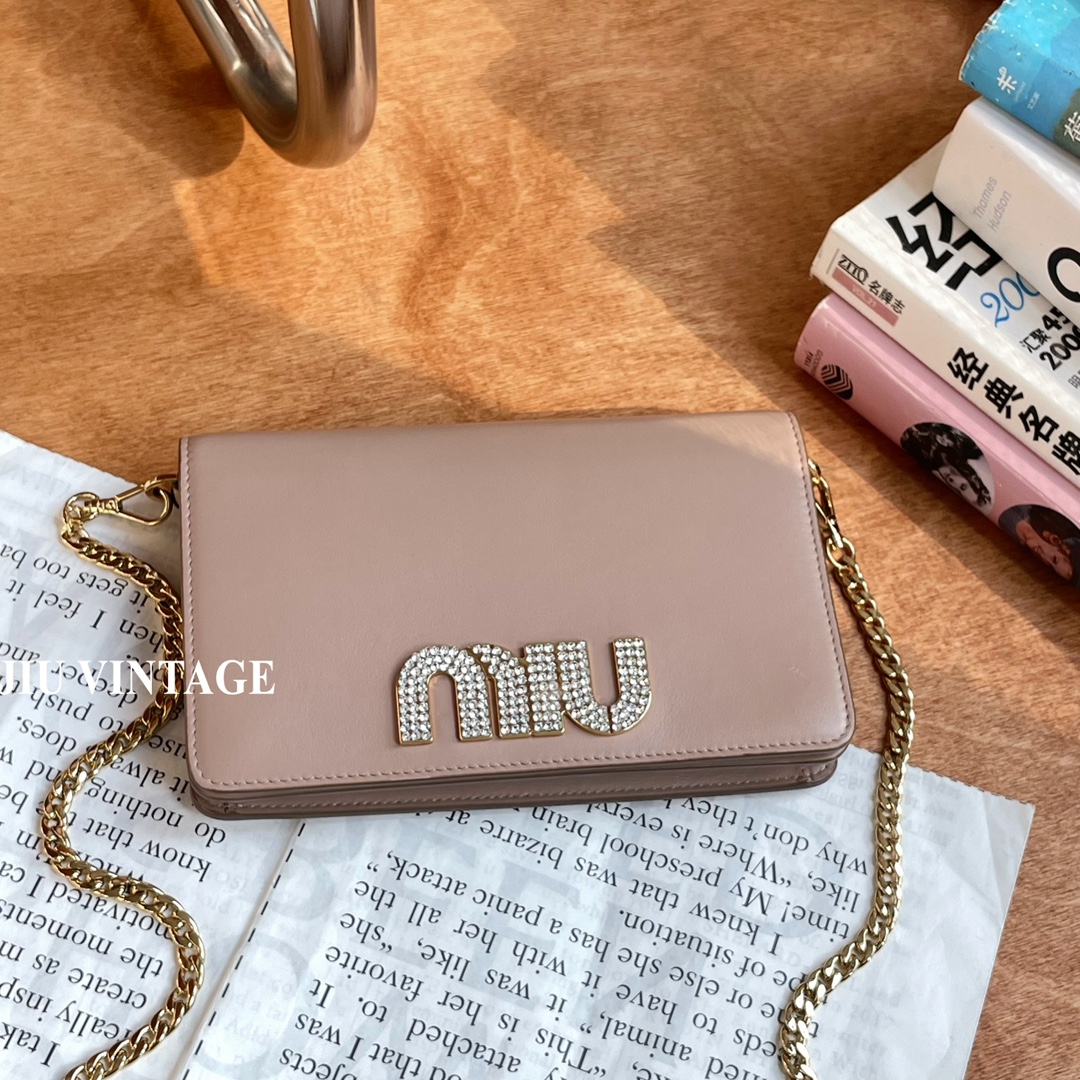 99新 MIU MIU/缪缪 粉色logo水钻链条包 BJM11-0455