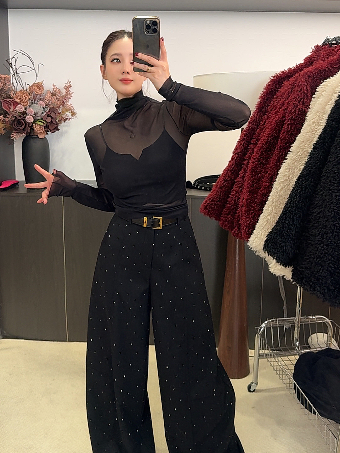 【高弹网T】冬季堆堆领长袖高领蕾丝网衫高弹显瘦百搭上衣女