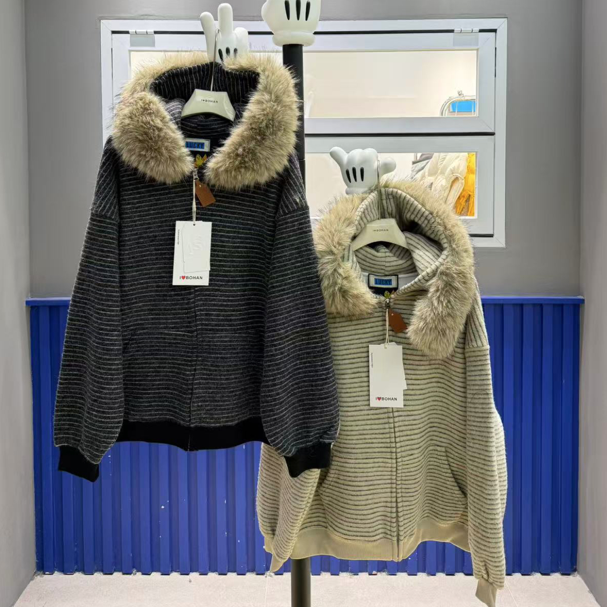 欧洲站5681#BOHAN秀秀家2025冬季新款毛领连帽条纹休闲棉衣外套
