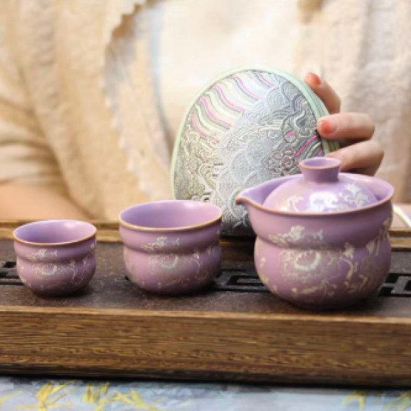 [墨池]紫汝手绘紫色牡丹葫芦旅行快客杯1壶2杯0106