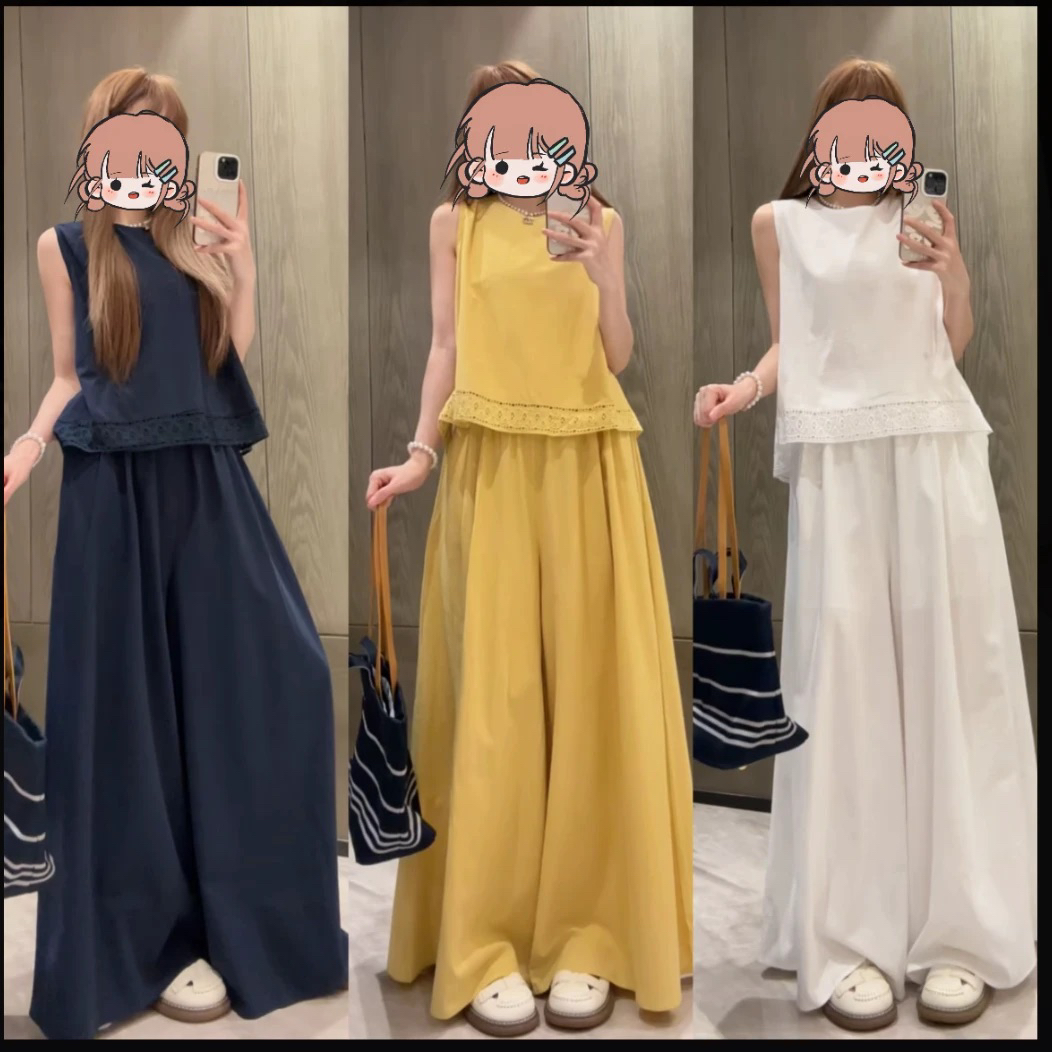 慵懒风新款时尚百搭显瘦蕾丝拼接背心+松紧腰阔腿裤两件套女