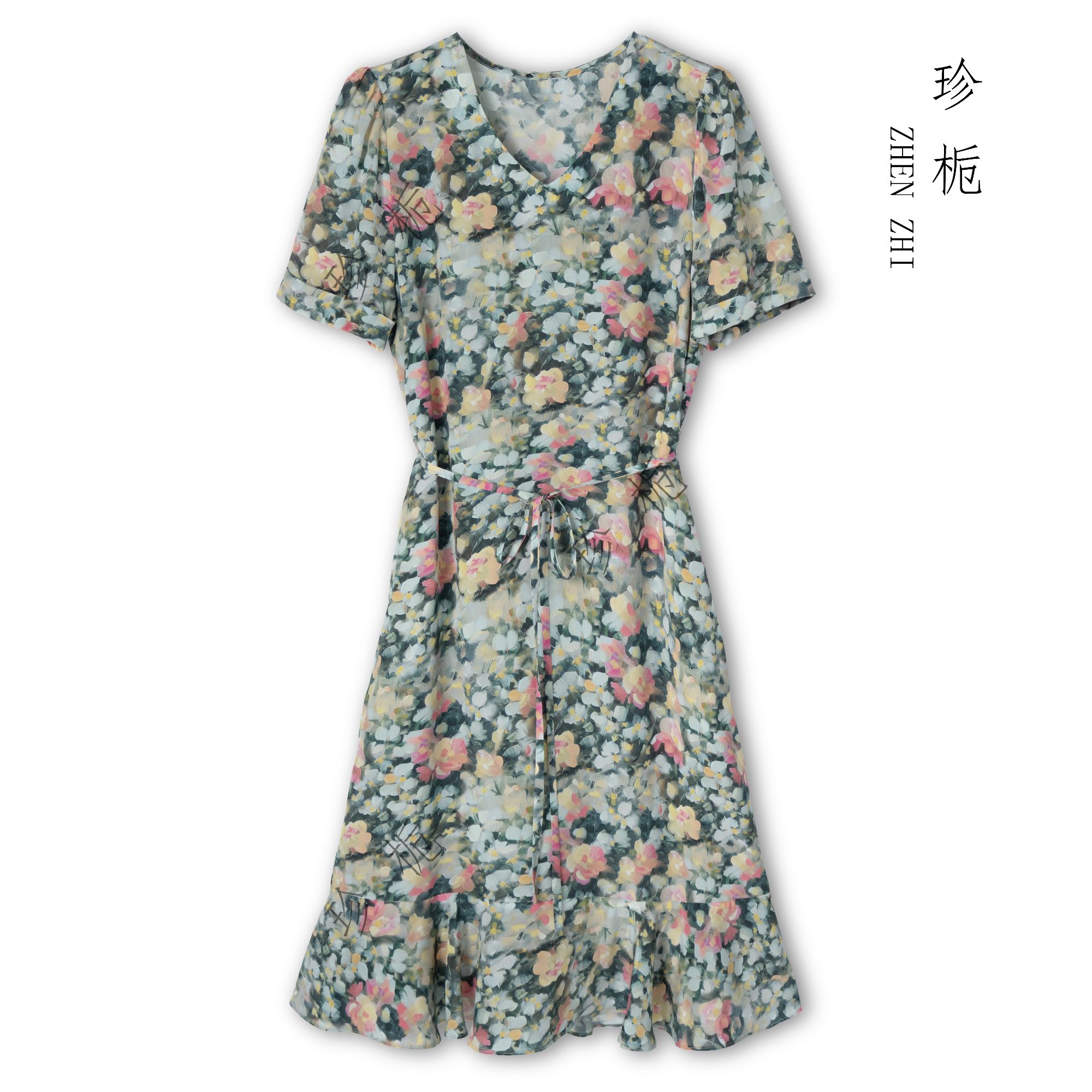 珍栀【花束】100桑蚕丝夏季显瘦气质时尚收腰女士连衣裙JY5A020-11