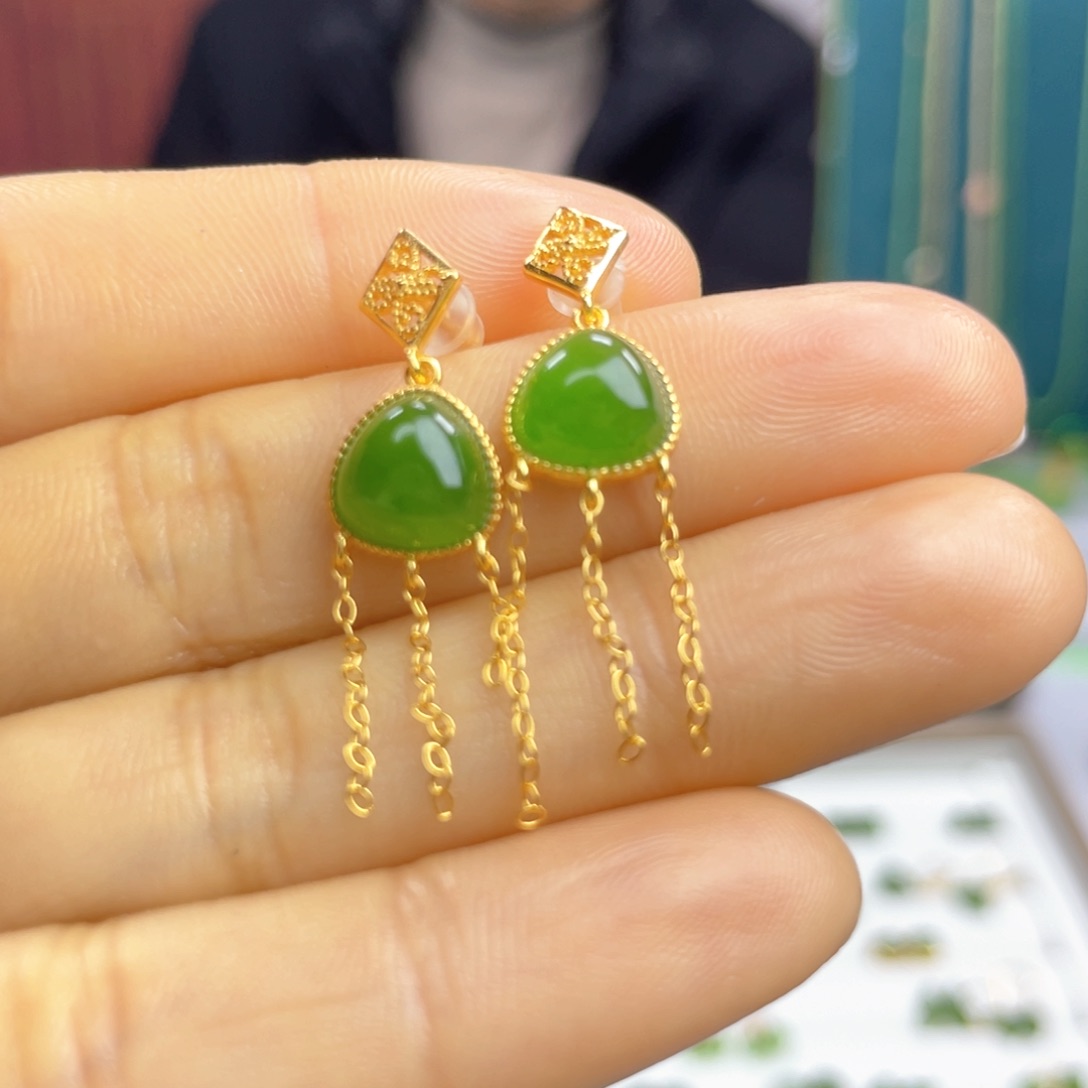 和田玉耳饰银S925镶嵌