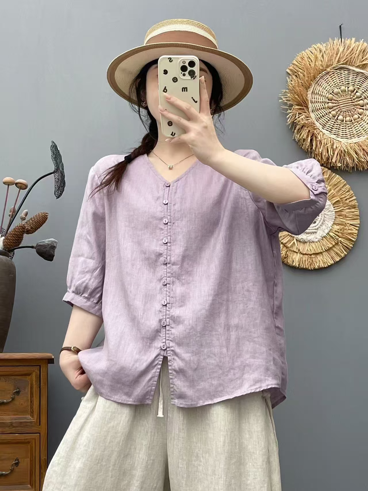 6108新款雨露亚麻小V领衬衫宽松五分袖防晒上衣