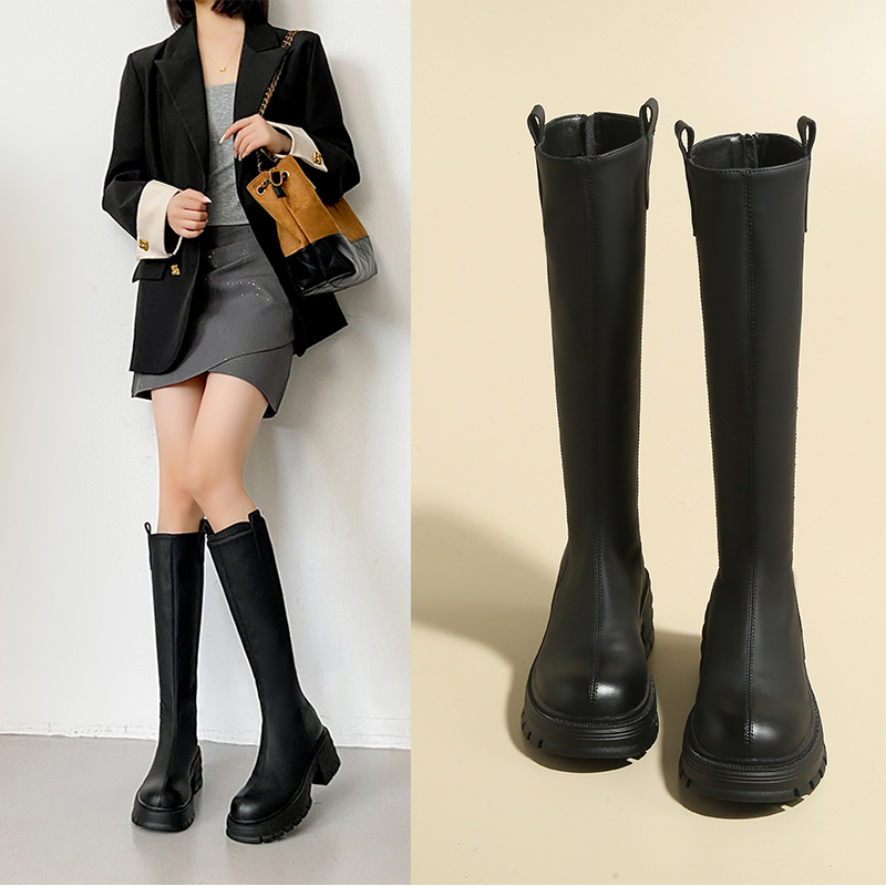 5公分增高厚底靴子女平口冬新款黑色长筒靴百搭显瘦长靴高筒靴子