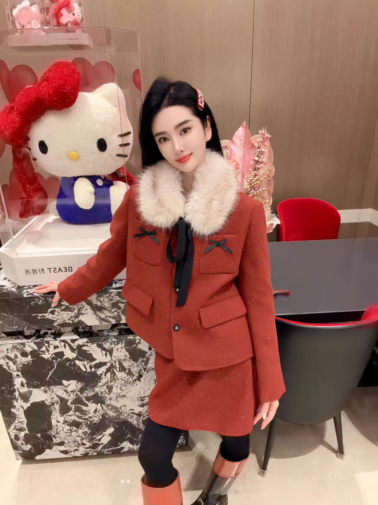 DL乐乐家【长安喜乐】冬季新年款高级感红色洋气百搭三件套套装女