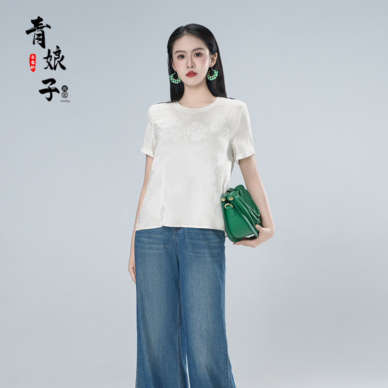 青娘子真丝（星眠）冠乐绉新中式国风时尚气质宽松短袖上衣--60177