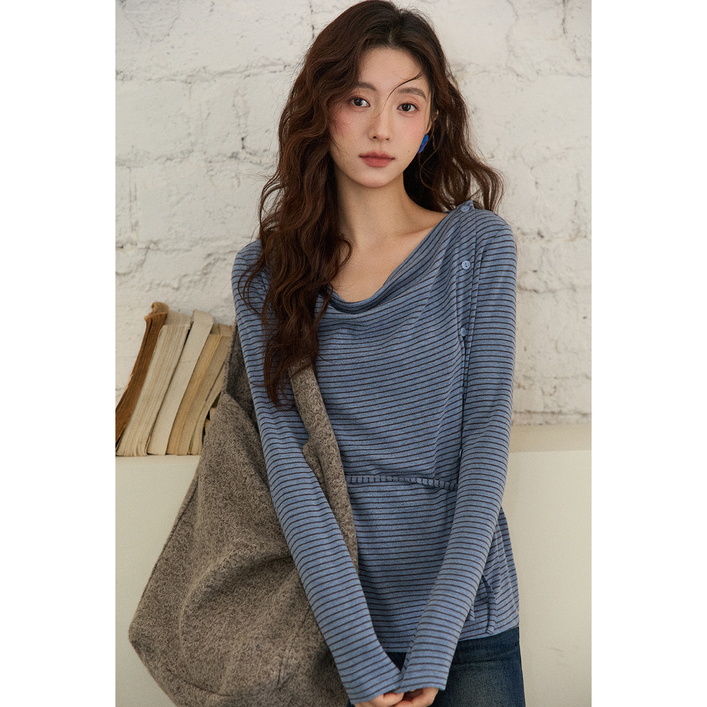 谜秀条纹荡领针织上衣系带复古宽松打底衫MXE87Z2700 xcymy