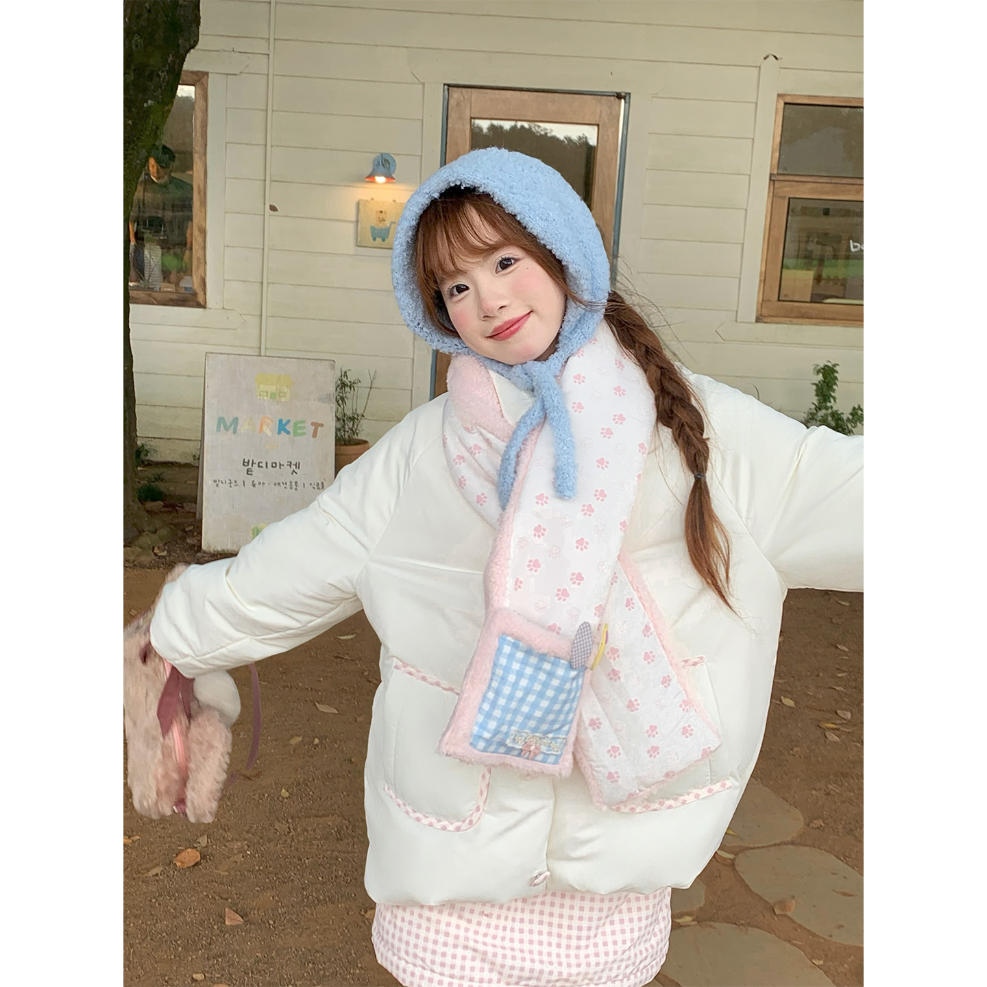 sinsingirl 奶呼呼拼格子90白鸭绒米色羽绒服+格子半身裙冬季套装