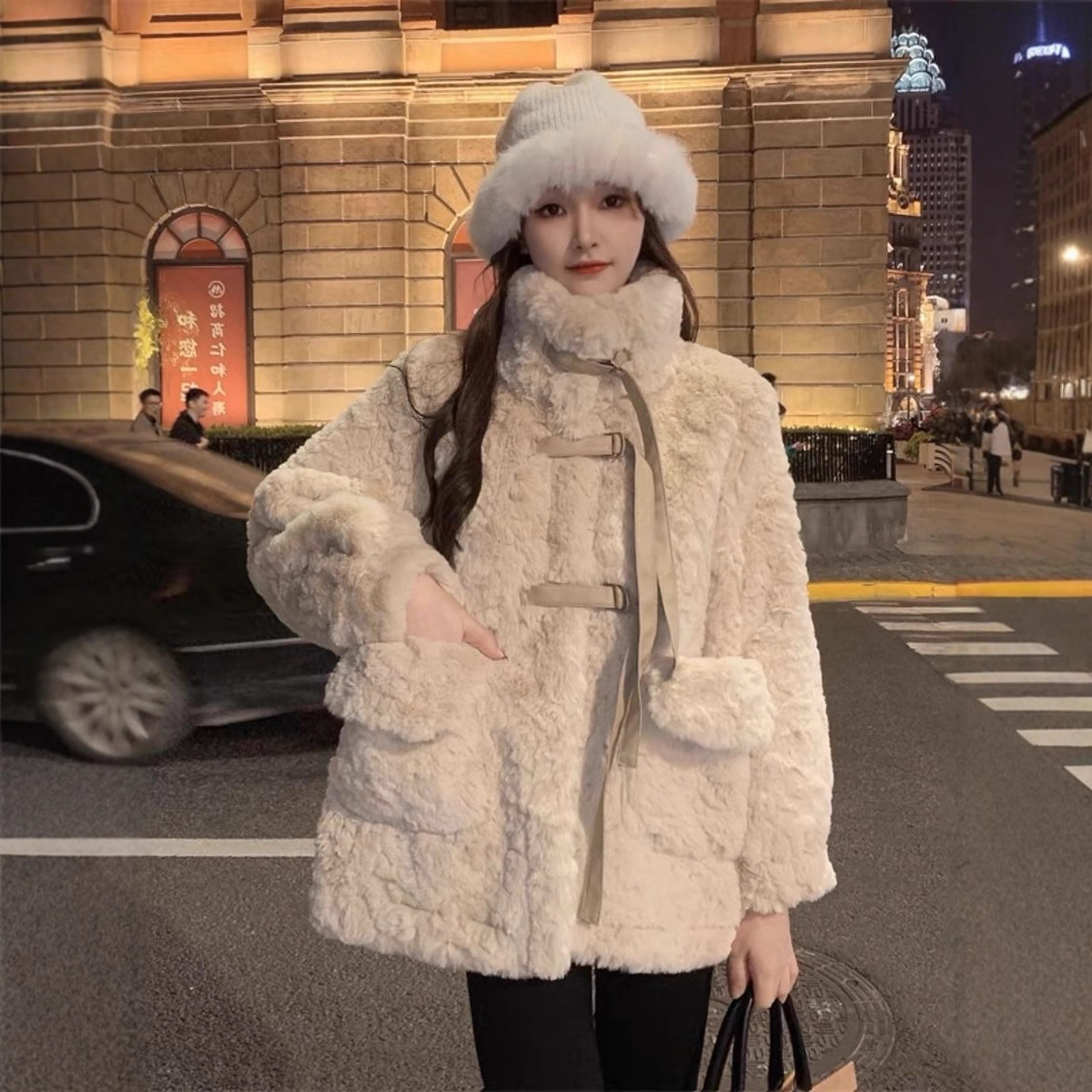 皮毛一体羊毛羔外套女冬2025新款皮草中长款宽松加绒加厚大衣棉服