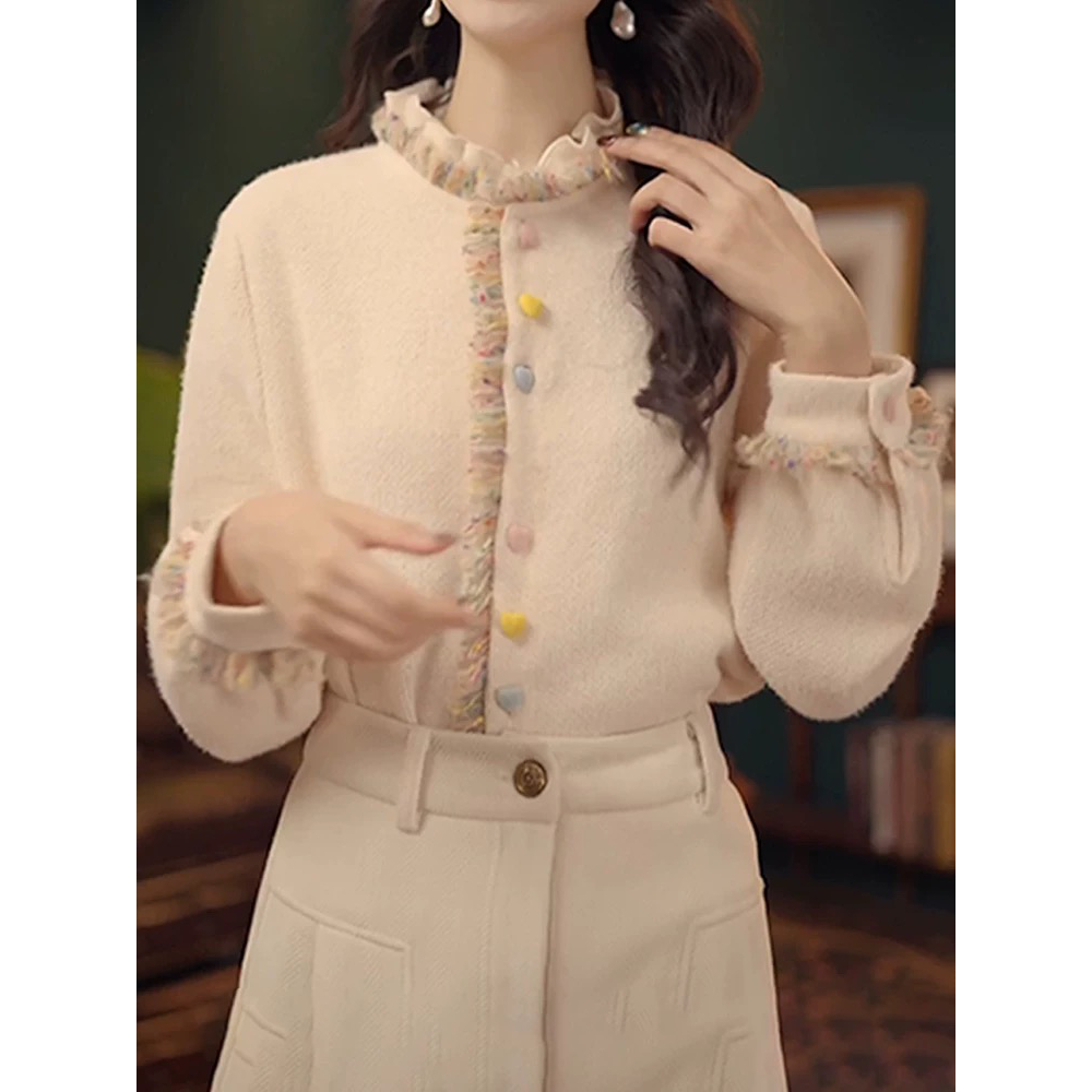 【828】复古时尚花边立领衬衫女冬宽松显瘦加厚保暖爱心单排扣上衣