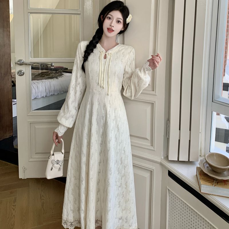 C-6116大码秋季新款新中式收腰显瘦内搭杏色连衣裙