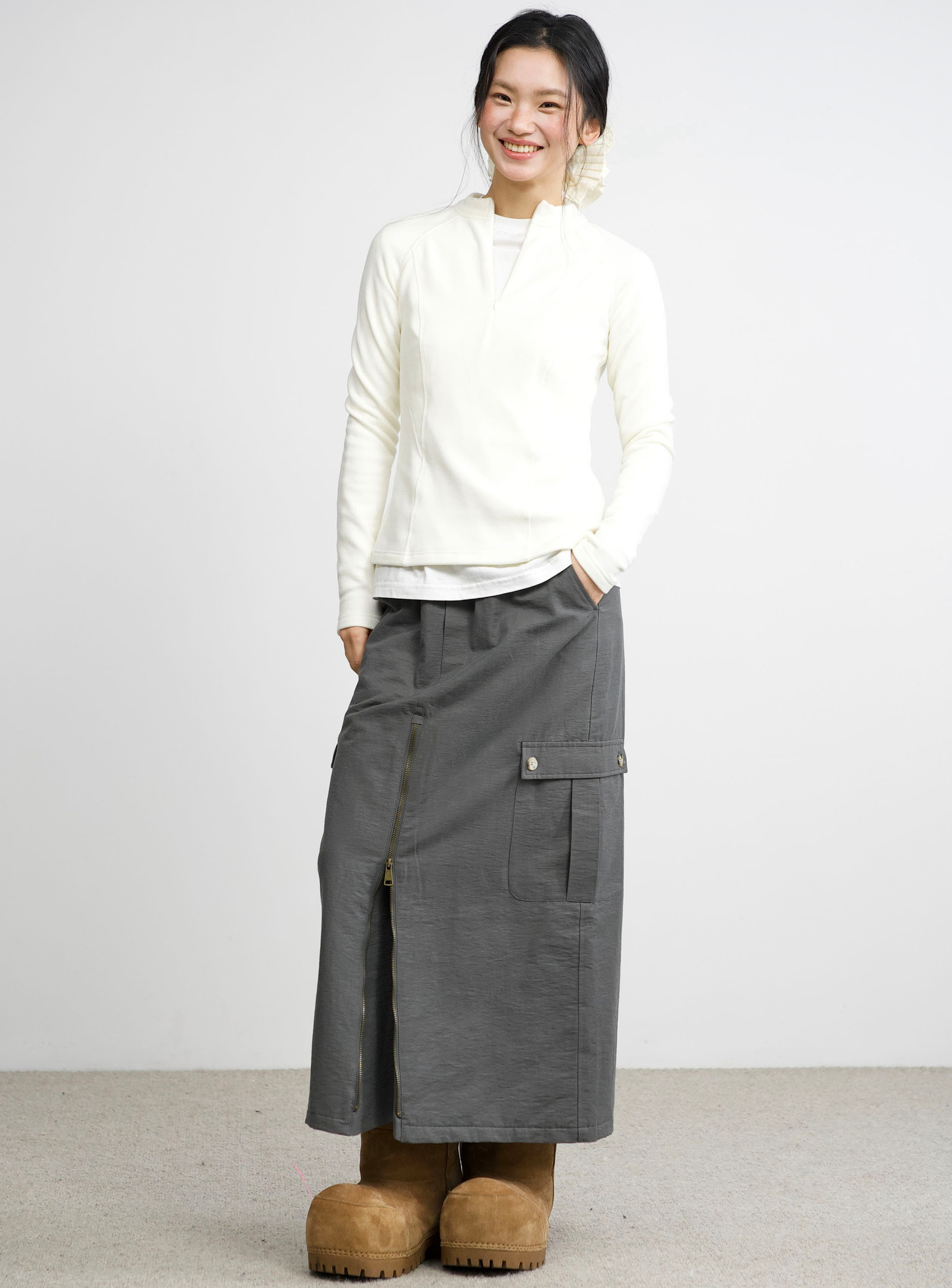 AEEANCEE拉链开叉棉半裙DZ2355