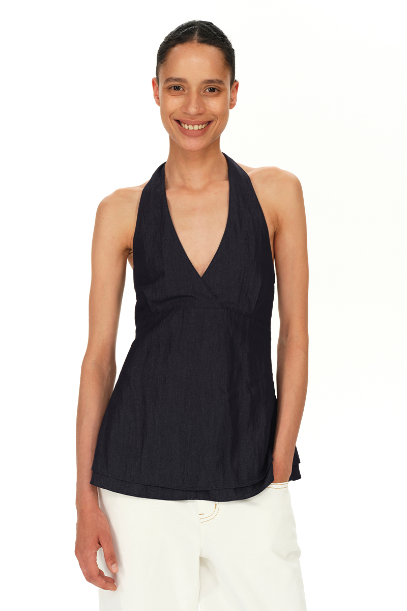 SMIIILE夏季仿牛仔气质低领绑带露背挂脖上衣高级感无袖吊带背心