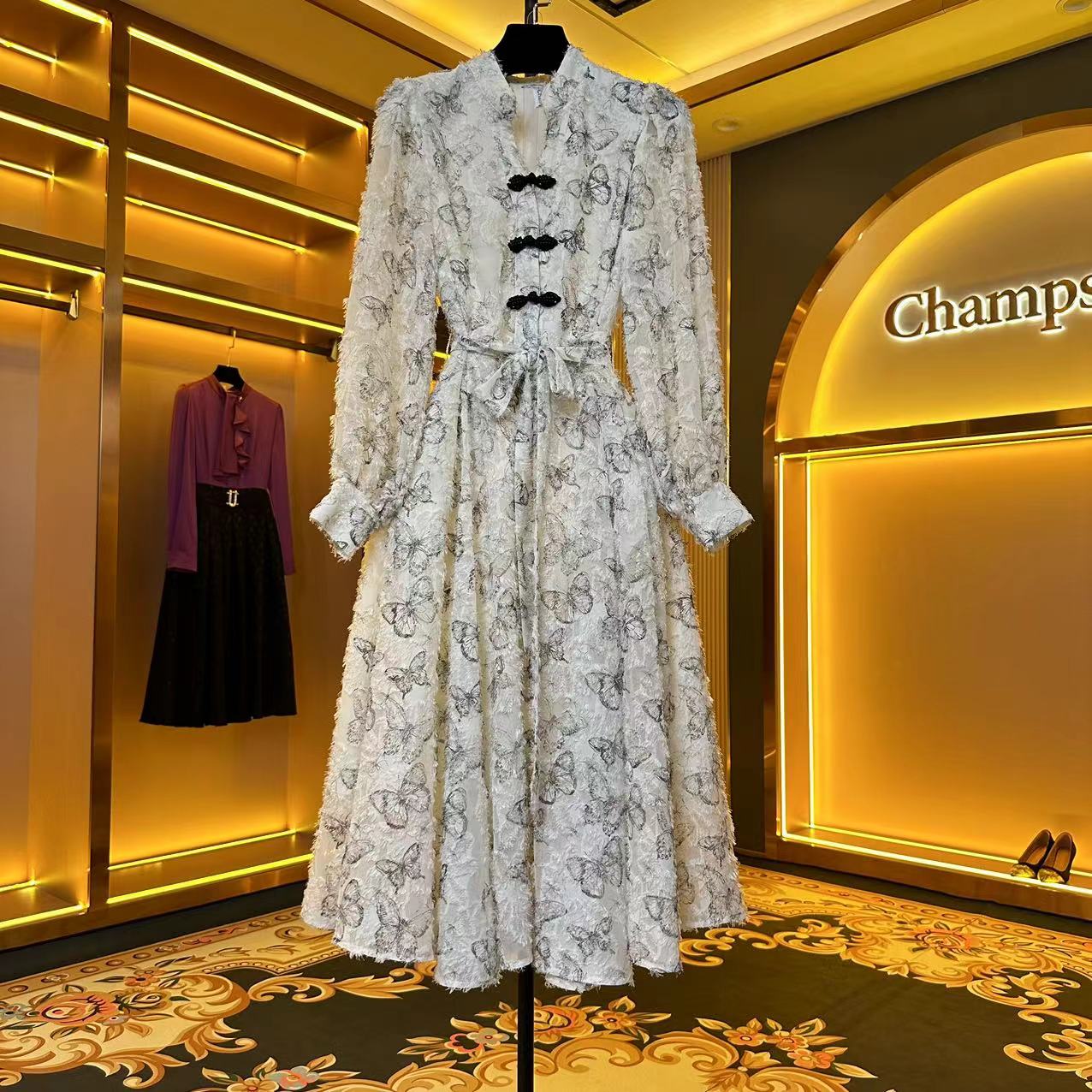 【花飞蝶舞】{晖晖}法式温柔蝴蝶印花绑带气质设计师连衣裙-83131