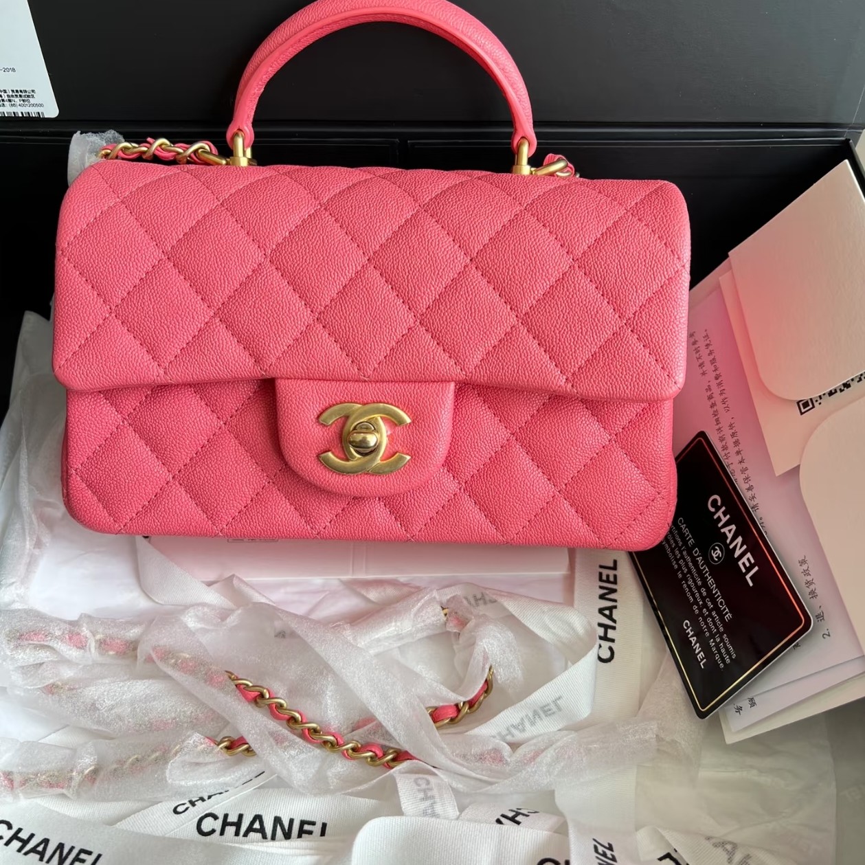 99新 Chanel/香奈儿 香奈儿粉金手柄荔枝纹cf大迷你 25120162-04
