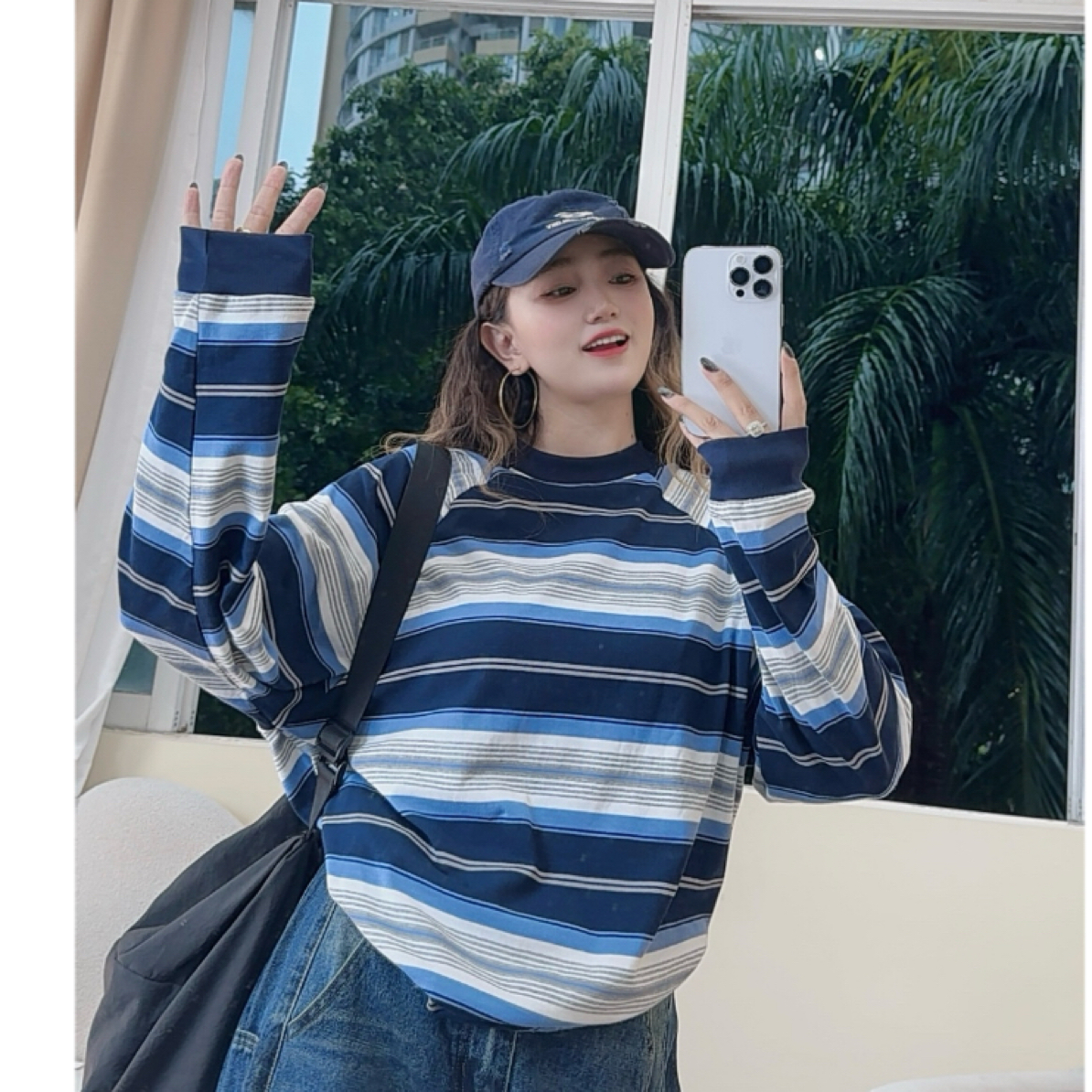 佟掌柜-显白蓝条 圆领宽松显瘦长袖早秋拼接T恤