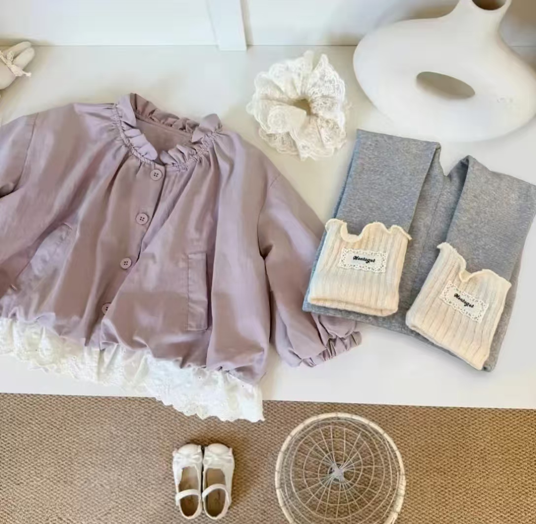 女童韩版灯笼花苞外套儿童秋季阔版短款风衣外套开衫打底裤两件套