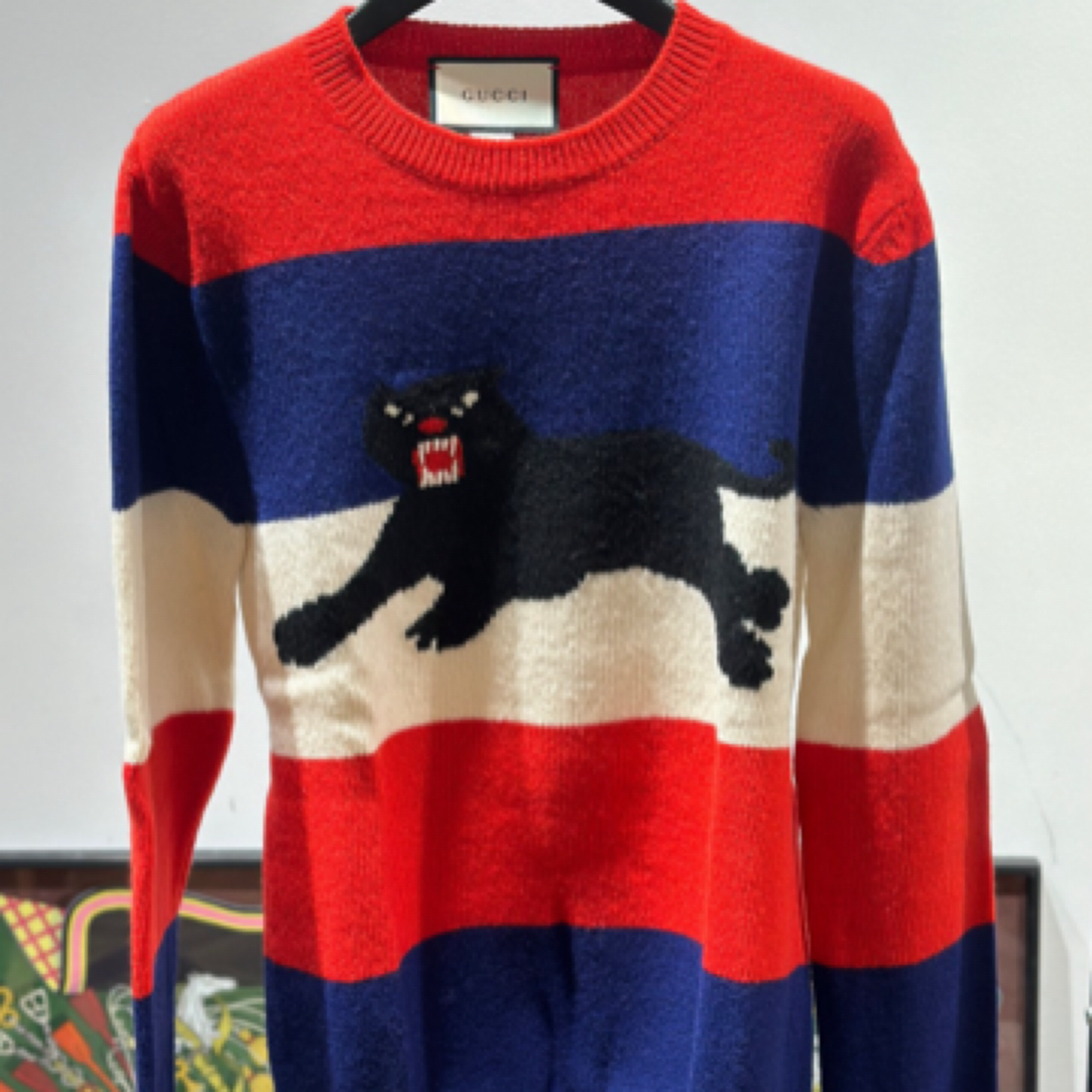 99新 GUCCI/古驰 Gucci古驰 白红蓝黑豹针织衫/L码/A01606