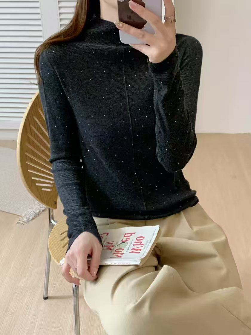 流沙亮片设计感下摆弧形显瘦半高领衫毛衣