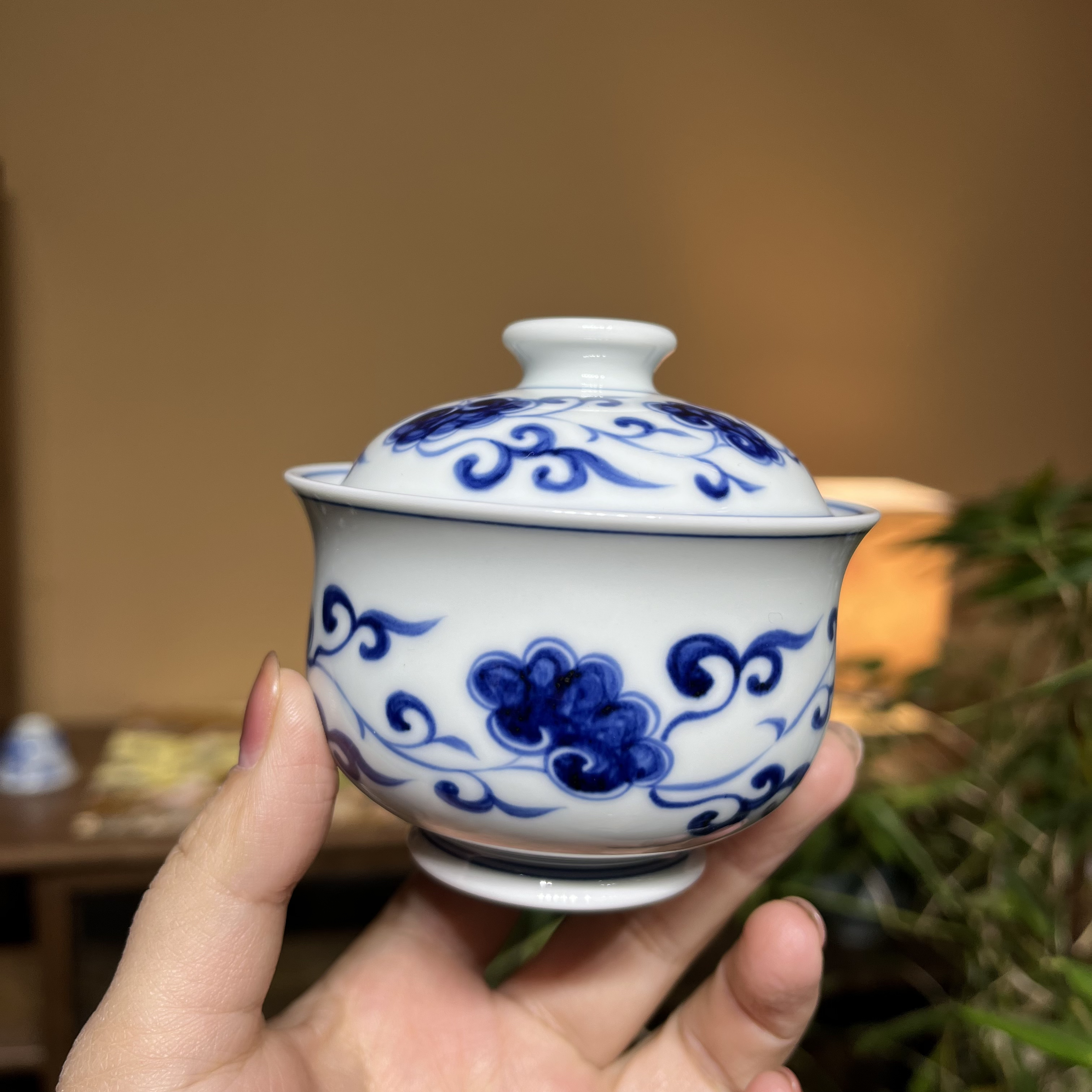 景德镇陶瓷茶具 仿明青花手绘灵芝小布袋盖碗110ml