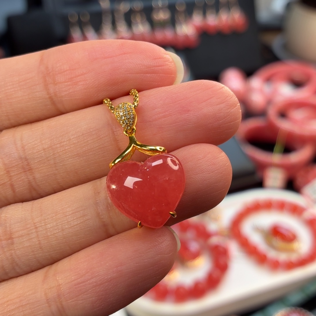 菱锰矿（红纹石）18K金镶嵌吊坠(不含链)