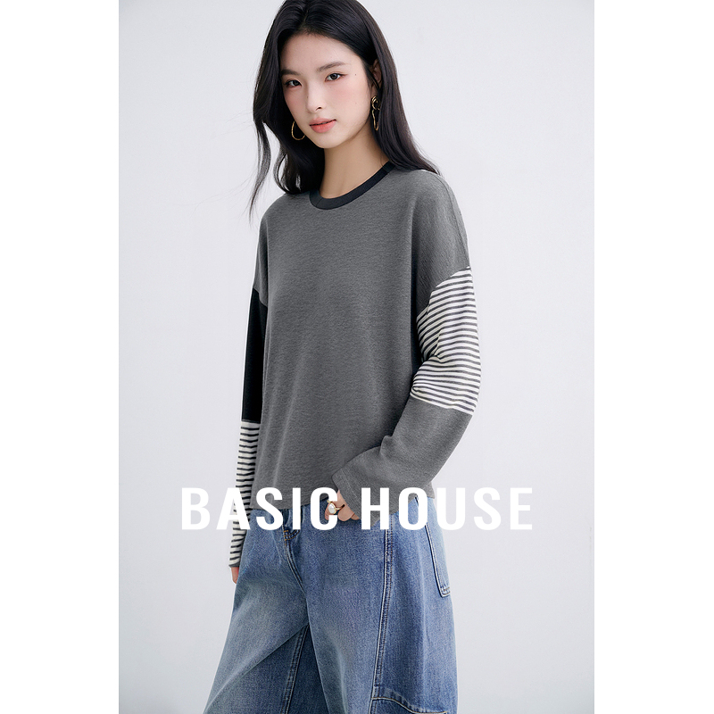 Basic House/百家好时尚休闲女士百搭设计拼接针织衫-B0625B5JKS2