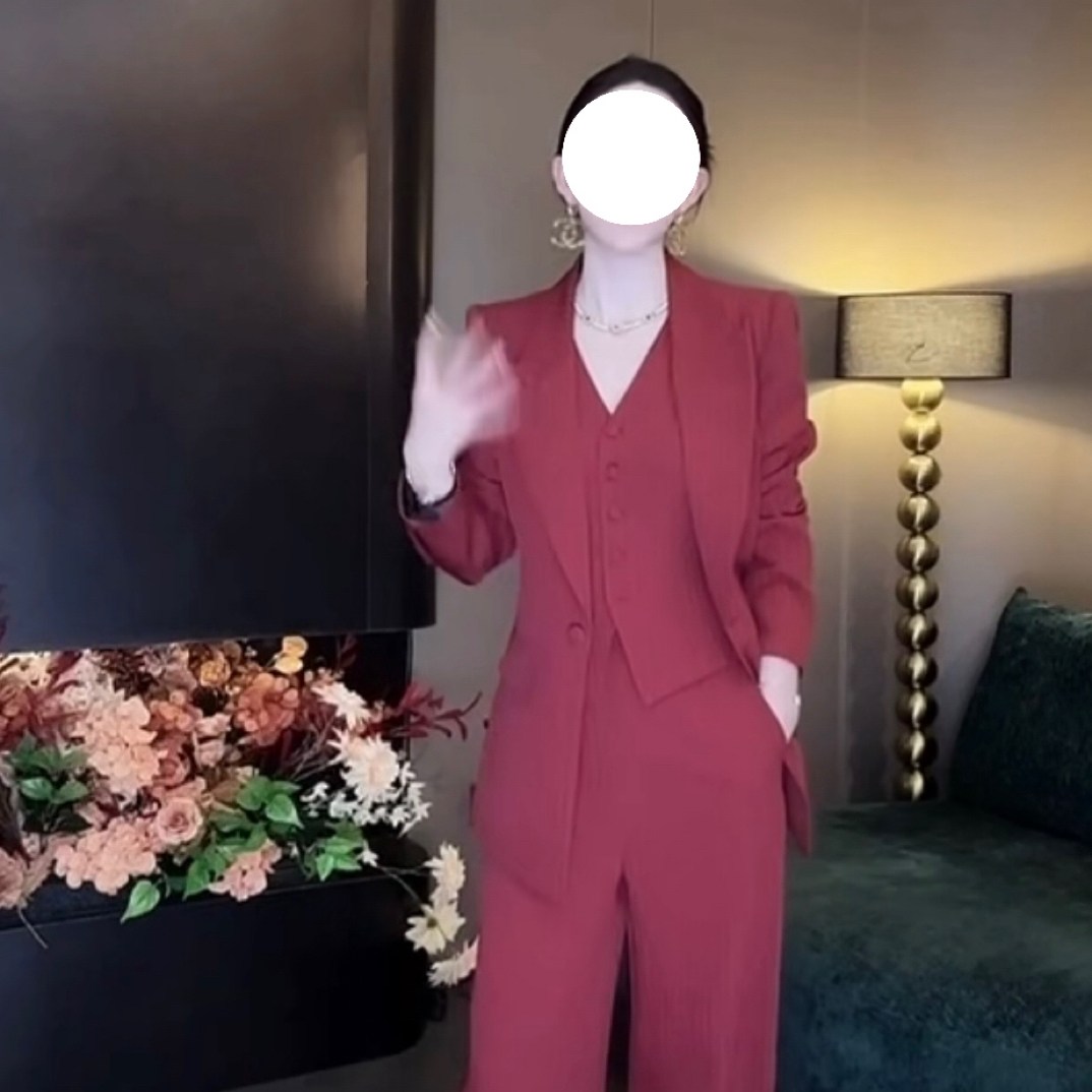 新款高端轻奢女神套装秋季西装外套马甲阔腿裤三件套9188