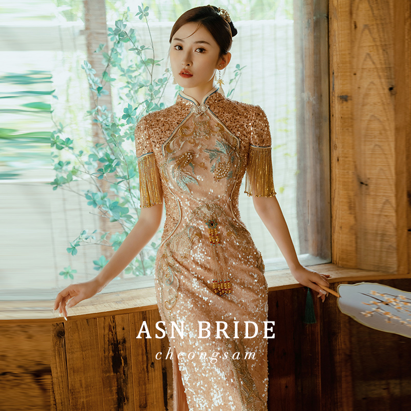 《花容》敬酒服旗袍2024新款新娘改良中式结婚气质订婚泡泡袖礼服