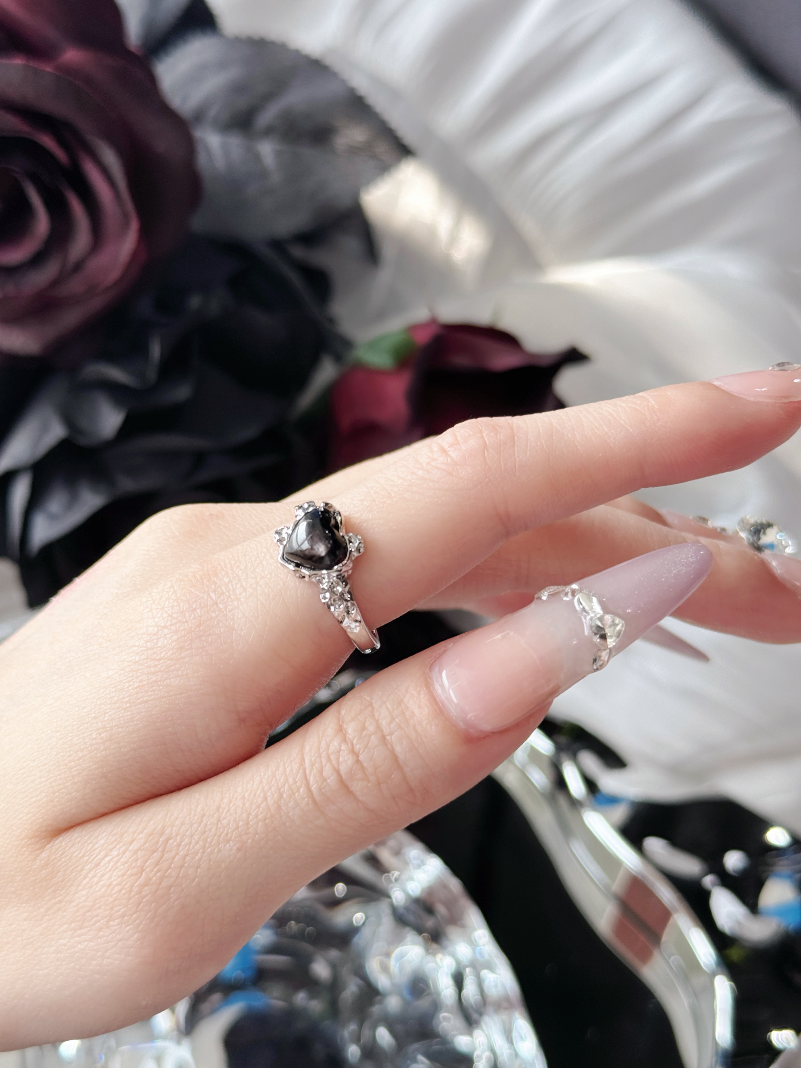 B22 爱心黑耀石戒指吊坠托戒指气质设计师