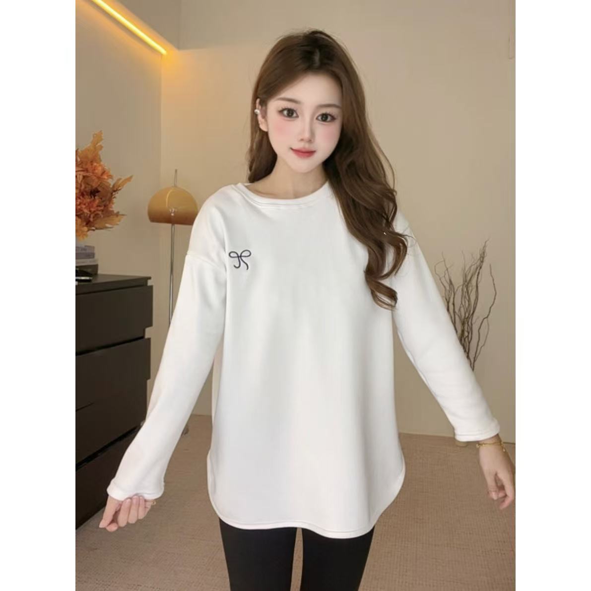 小个子中长款加绒宽松长袖T恤秋冬打底刺绣蝴蝶结百搭内搭新上衣
