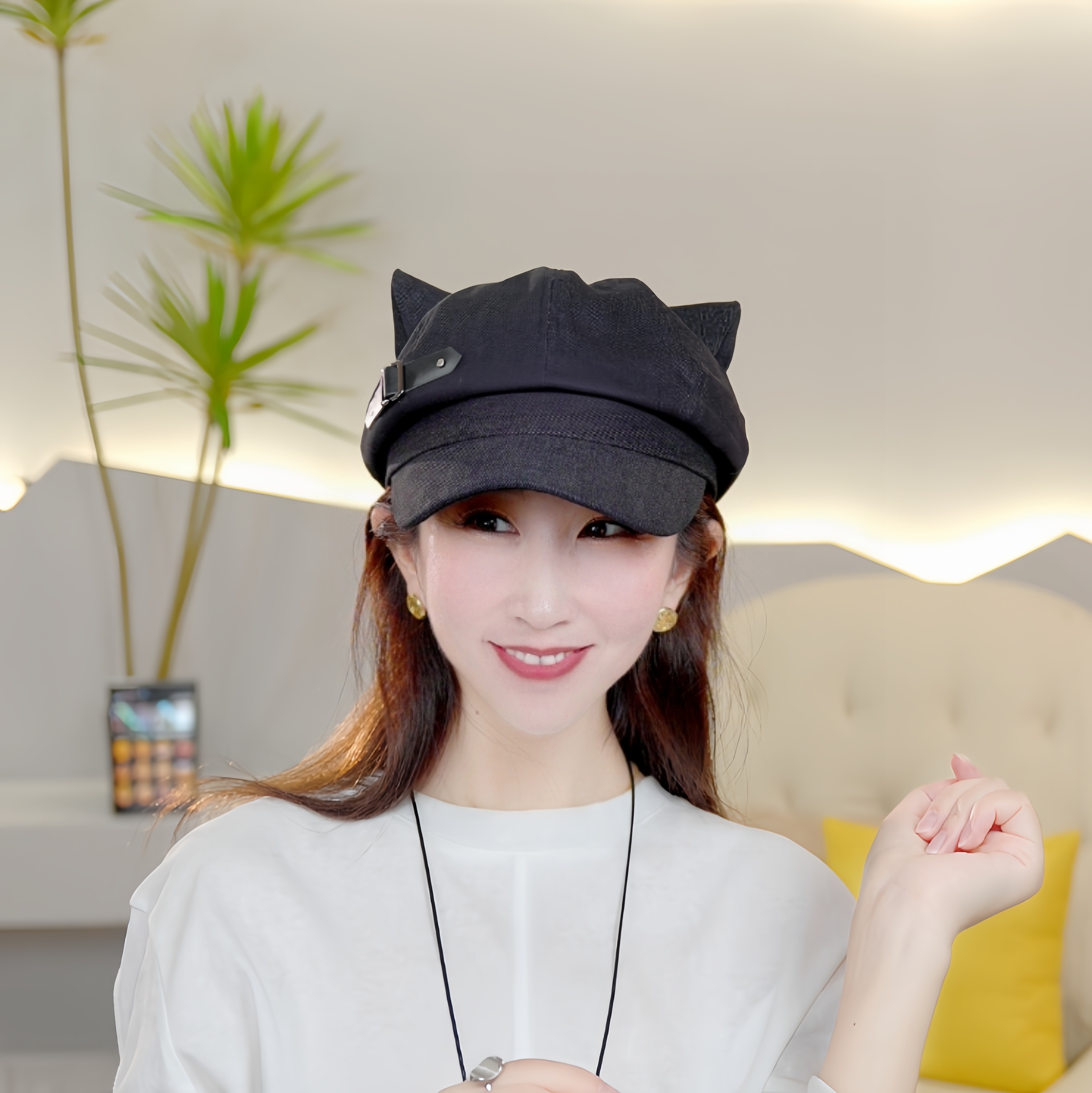 原创猫耳朵八角帽鸭舌帽亚文化宅系可爱皮扣鸭舌帽贝雷帽