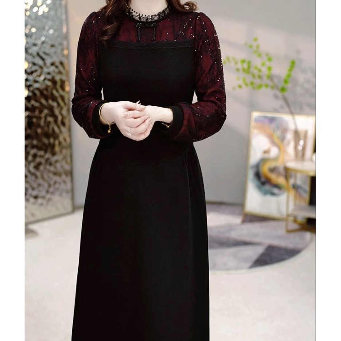 A926 气质长袖连衣裙2025春装新款高档妈妈显瘦时尚高级长款裙子