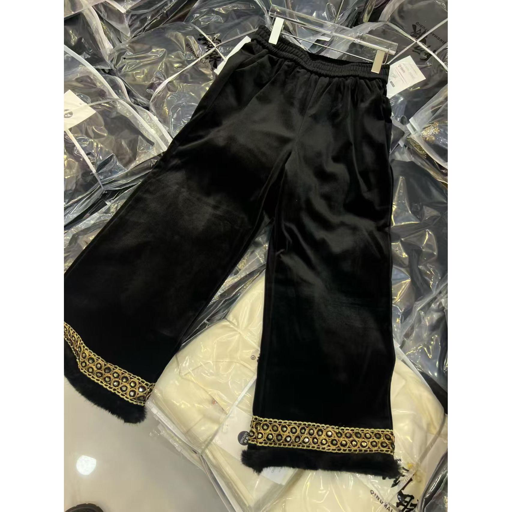 秋冬时尚国风加绒刺绣亮片裤脚显瘦松紧腰大码直筒阔腿裤