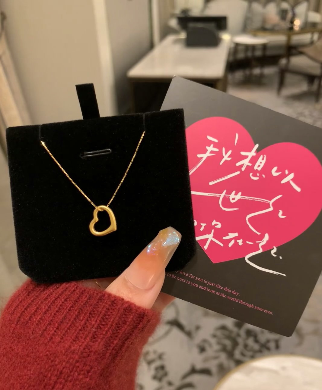 足银项链镀金24K新款颈链心型吊坠项链送女友情人节礼物
