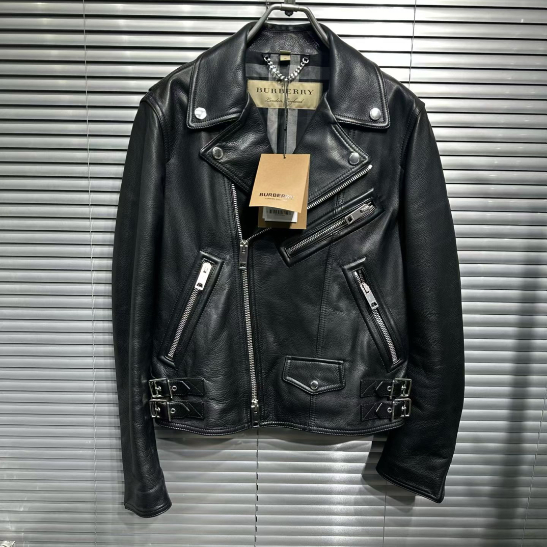 未使用 BURBERRY/博柏利 黑色L01版型多拉链皮衣男装夹克/48码