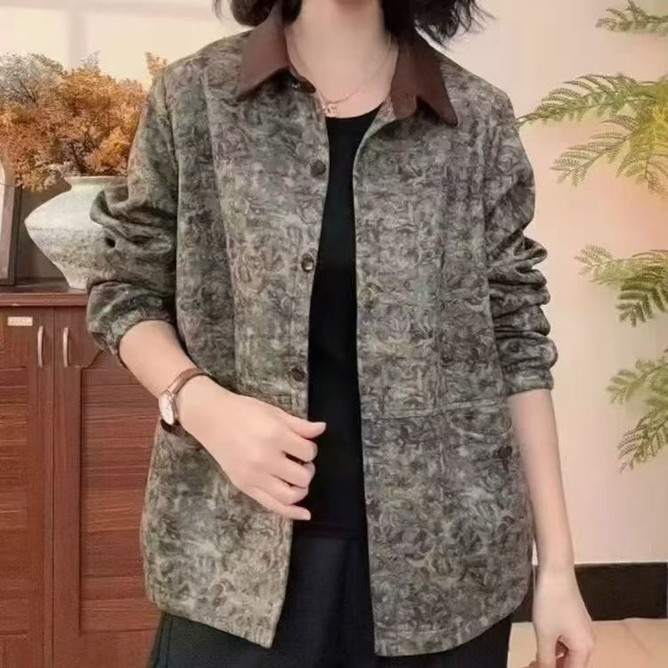 秋季新款中老年妈妈休闲翻领长袖碎花宽松外套上衣
