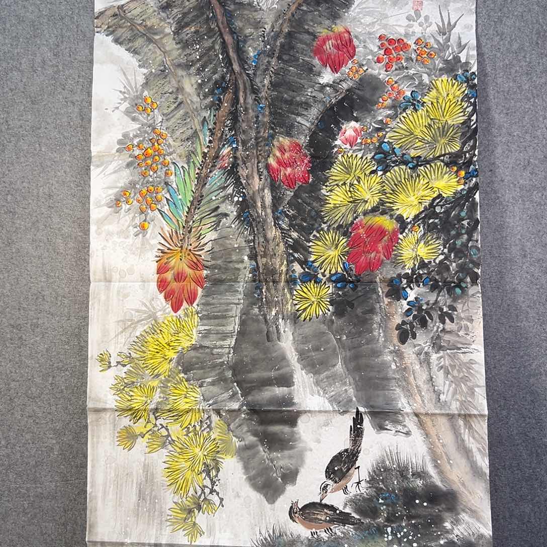 国画880 花鸟在树丛的顶端鸣叫叫声响