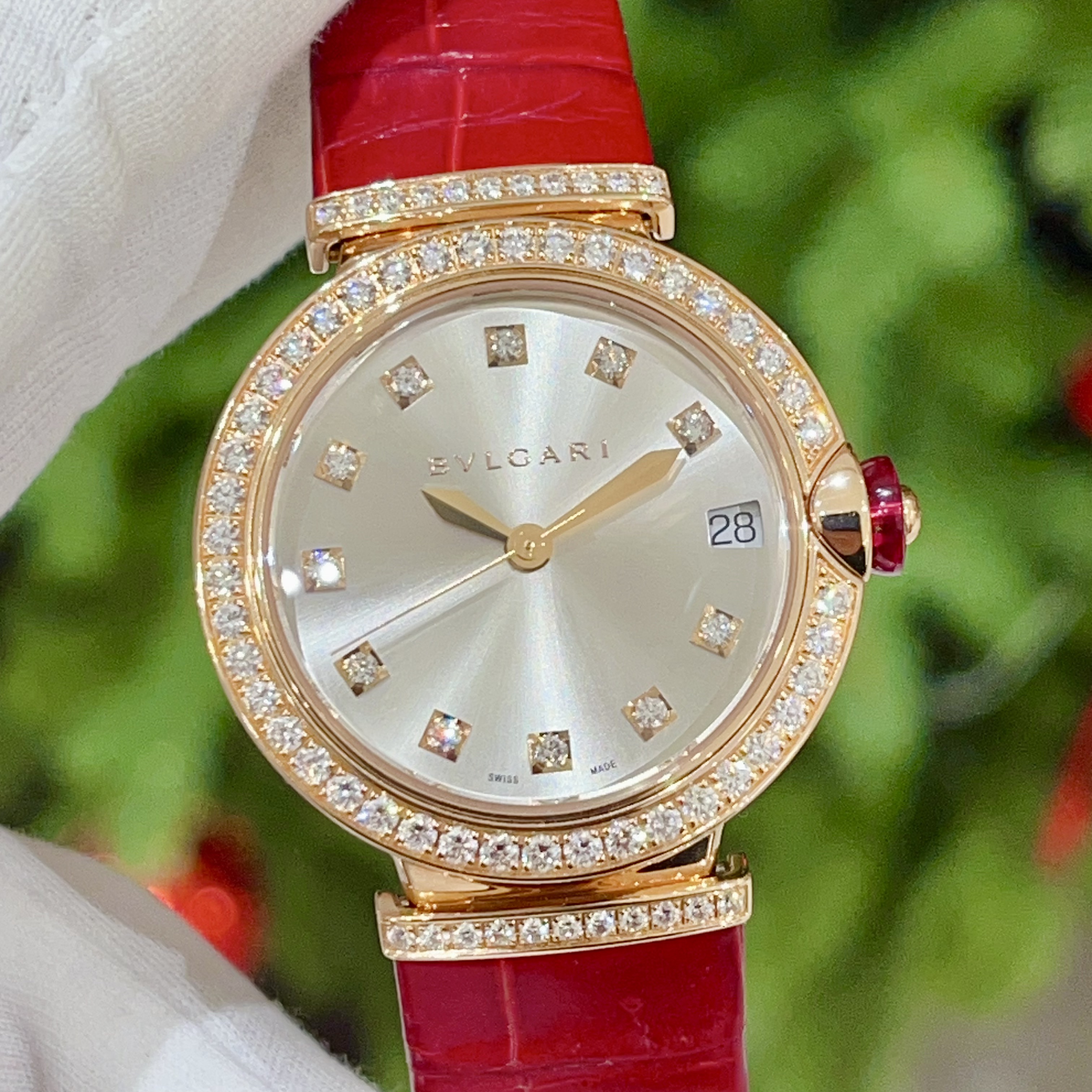 99新 BVLGARI/宝格丽 露丝33盘钻刻全原钻玫瑰金机械背透女表