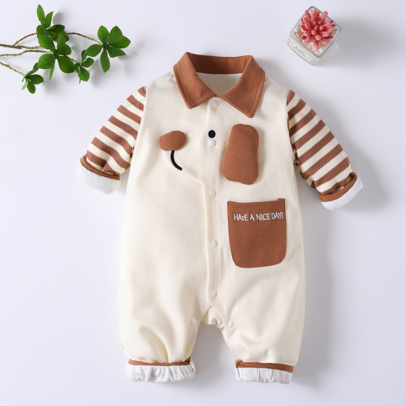 （咪）婴儿秋季连体衣2025新款长袖双层韩版男女宝宝小狗哈衣爬服